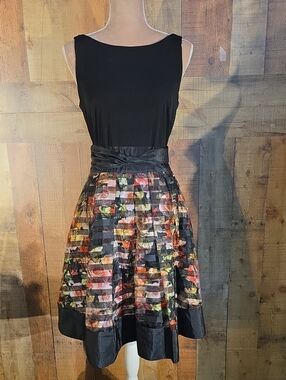 Black Sleeveless Midi Dress with Floral Panel Skirt